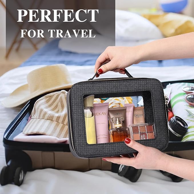 Pinkmik Clear Makeup Bag for Women Waterproof Travel Cosmetics and Toiletries Case Portable Makeup Oaganizer Bag Clear Car Bag with Zipper (Black, M+L)