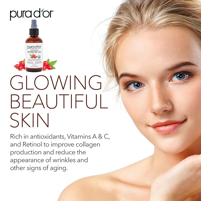 PURA D'OR ORGANIC Rosehip Seed Oil Hair Relaxer (4 Oz x2 = 8 Oz) 100% Pure Cold Pressed USDA Certified All Natural Anti-Aging, Scar Treatment, Gua Sha Massage, Face, Hair & Skin - Women & Men