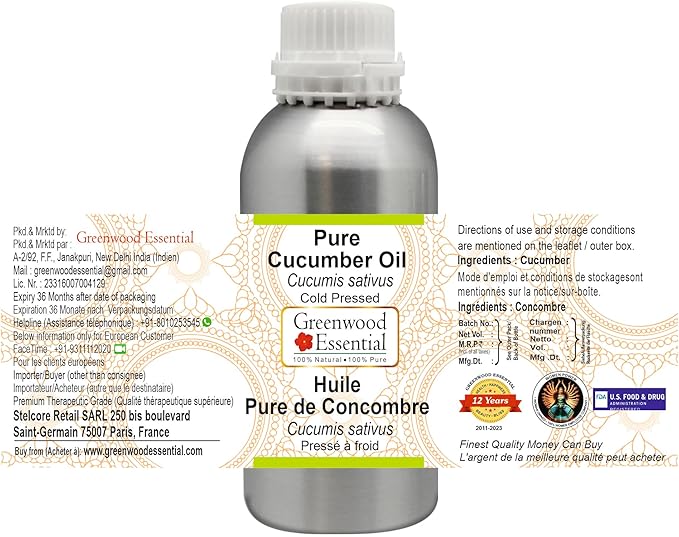 Greenwood Essential Pure Cucumber Oil (Cucumis sativus) Cold Pressed 630ml (21 oz)