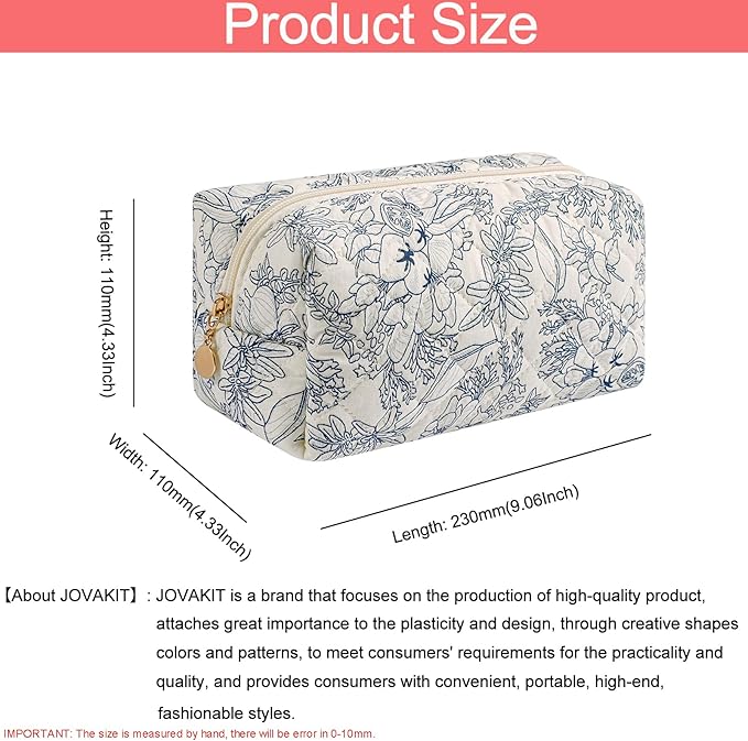 JOVAKIT Square Makeup Bag Cute Cosmetic Bag for Women, Floral Coquette Aesthetic Toiletry Bag, Zipper Make Up Pouch, Travel Make Up Organizer Bag (Blue+Navy Blue Floral)