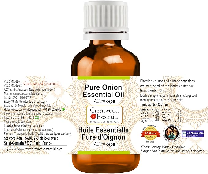 Greenwood Essential Onion Essential Oil (Allium cepa) Pure | Non-Sticky | Non-Greasy | Lightweight | Men & Women | All Skin Types | Steam Distilled 5ml (0.16 oz)