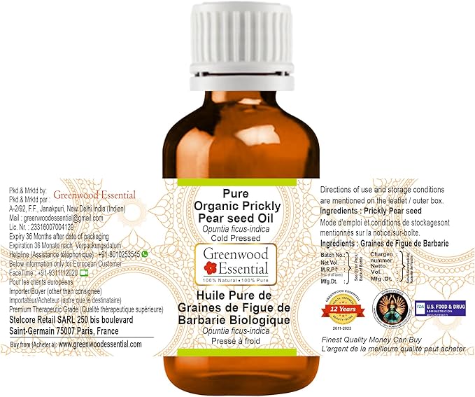 Greenwood Essential Pure Organic Prickly Pear seed Oil (Opuntia ficus-indica) Cold Pressed 100ml (3.38 oz)