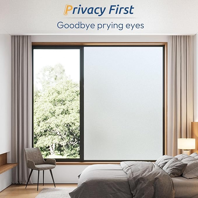 rabbitgoo Window Privacy Film, Frosted Glass Window Clings, Static Cling UV Heat Blocking Door Stickers for Home Bathroom, Removable Indoor Decal Coverings Day and Night, Pure, 17.5 x 118.1 Inches