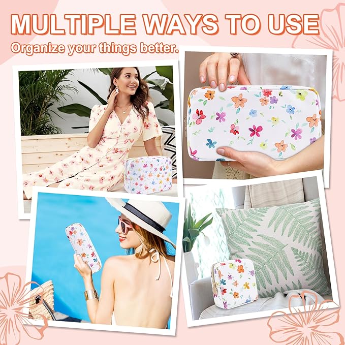 Waterproof Large Floral Makeup Pouch,Nylon Travel Toiletry Storage Purse Preppy Cosmetic Bag for Women Girl,Large Capacity Makeup Organizer Zipper Pouch for Work(L Colorful-Flowers)
