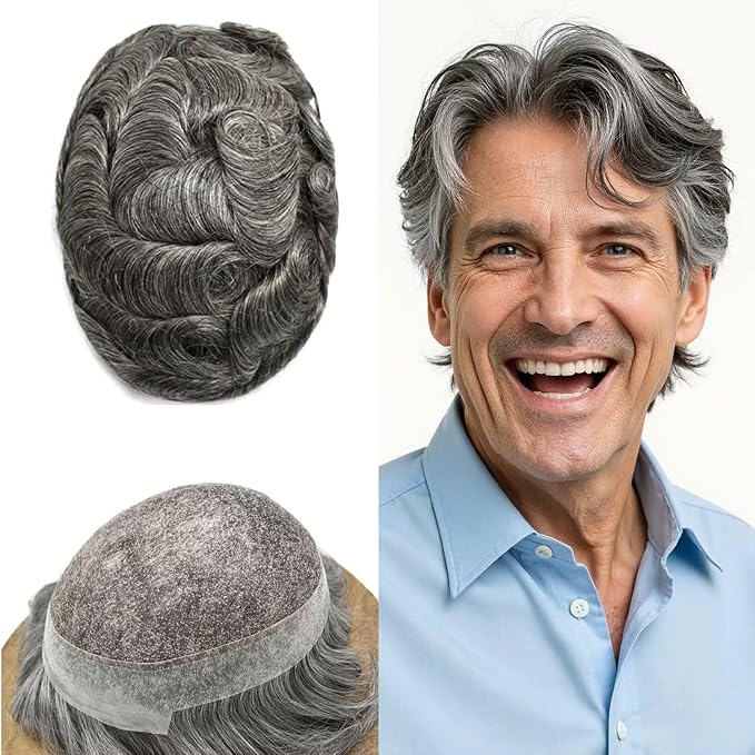 FACE MIRACLE Toupee for Men French Lace Hairpiece Human Hair Replacement System Skin PU Mens Toupee V-Looped Front Hair Piece 6X9#1B60 Off Black with 60% Gray-80% Light Density