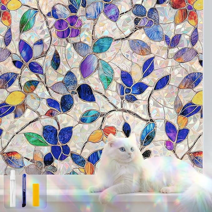 Stained Glass Window Privacy FilmDecorative Rainbow Static Clings -ldeal for Home &Office,Adhesive-Free,Removable, Uv-Blocking (Purple Rainbow, 45.2 X 157.4 in)