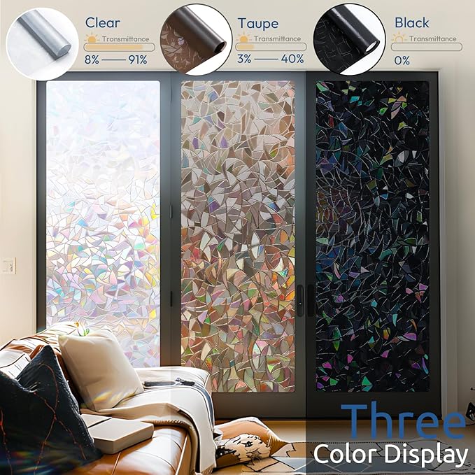 rabbitgoo Window Privacy Film Rainbow Film Decorative Window Sticker, 3D Static Stained Glass Cling Tint for Home Heat Control Non-Adhesive, Brown, 23.6 x 78.7 inches