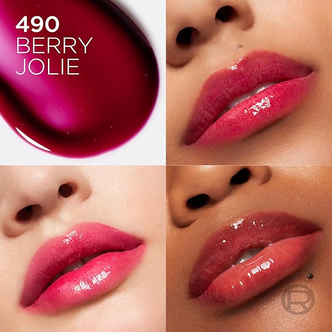 L'Oreal Paris Plump Ambition Hyaluron Lip Oil, 24 HR Lip Gloss with Hyaluronic Acid, Volumizing Formula with Glass-Like Shine, Berry Jolie 490, 0.16 Fl Oz