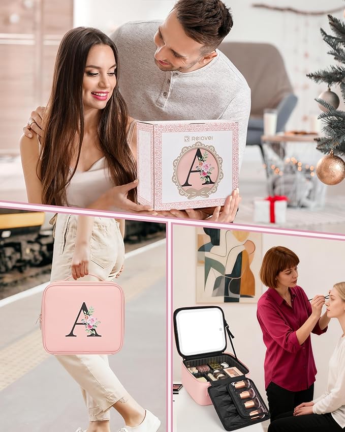 Relavel Initial Makeup Bag with LED Mirror for Women Girls, Personalized Travel Cosmetic Organizer Train Case, Birthday Gifts for Grandkids Bridesmaid Graduation Teacher Friends, Trendy Stuff, Pink I