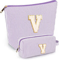 2 PCS Initial Makeup Bags for Women: Cosmetic Bag for Travel Toiletry - Birthday Gifts for 11 12 13 14 15 16 17 18 Years Old Girl Graduation Teacher Gift- Teen Girl Gifts Trendy Stuff - Purple V