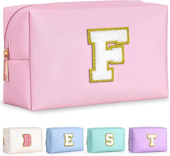 TOPEAST Preppy Makeup Bag, Small Cosmetic Travel Bags for Women, PU Leather Waterproof Toiletry Bag with Zipper, Personalized Birthday Gift for Women Girl, Preppy Gifts for Girl (Pink F)