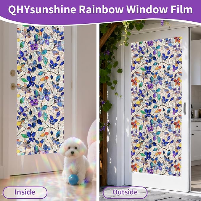 Stained Glass Window Privacy FilmDecorative Rainbow Static Clings -ldeal for Home &Office,Adhesive-Free,Removable, Uv-Blocking (Purple Rainbow, 45.2 X 157.4 in)