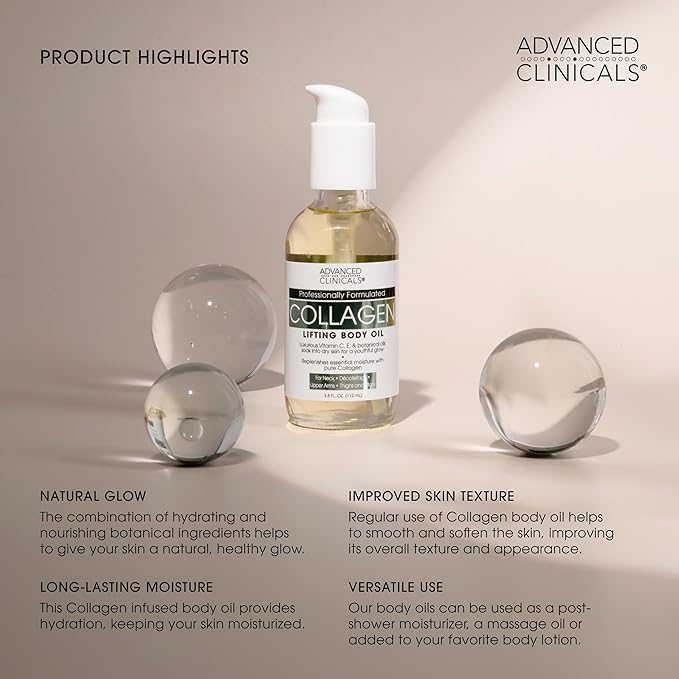 Advanced Clinicals Hydrating Collagen Oil For Body & After Shower | Visible Anti Aging Moisturizing Collagen Body Oil For Women & Men Helps Soften Appearance Of Crepe Skin & Wrinkles, 3.8 Fl Oz