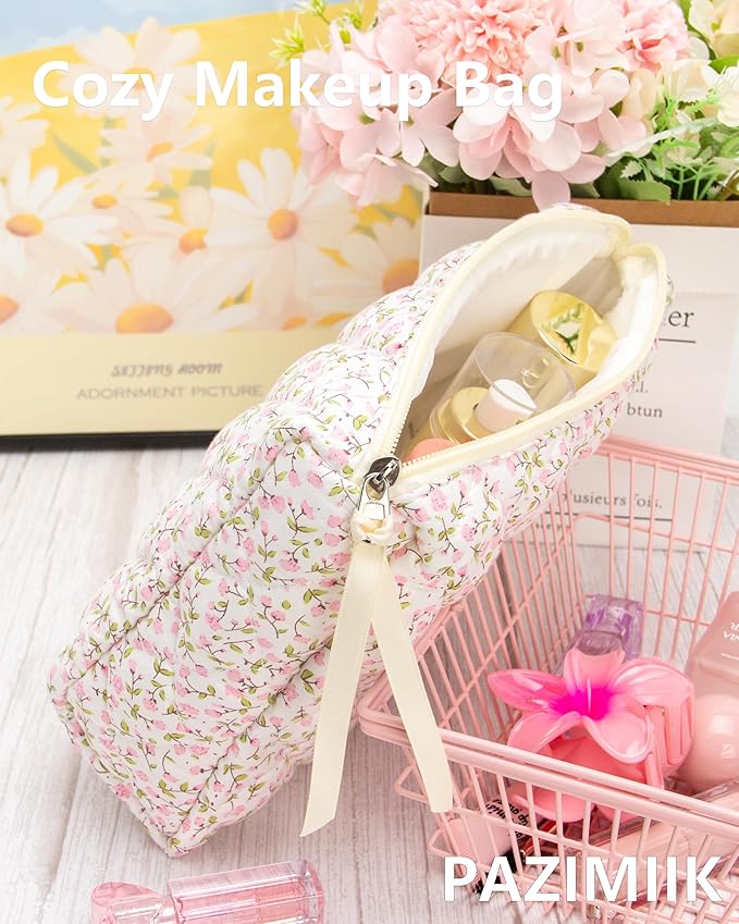 Quilted Makeup Bag Large Travel Zipper Soft Cosmetic Pouch for Women Girls Make Up,Floral Pink