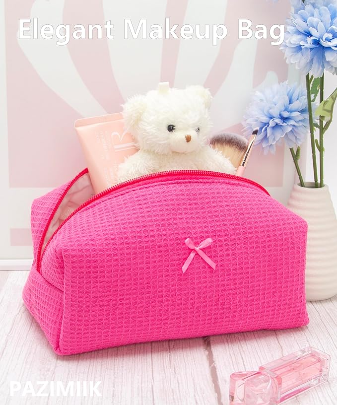 PAZIMIIK Cozy Makeup Bag Travel Cosmetic Bag for Women Soft Toiletry Bag Aesthetic Makeup Organizer Portable Large Zipper Pouch for Skincare Beauty Accessories Brushes Waffle Hotpink