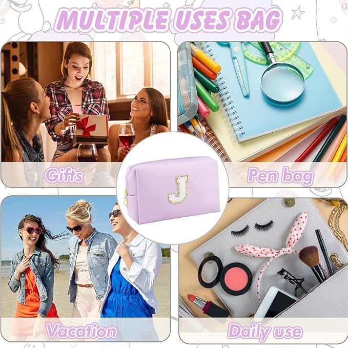 Gifts for Girls Initial Makeup Bag Personalized Cosmetic Bag with Zipper Cute Travel Toiletry Bag Waterproof PU Preppy Makeup Pouch Birthday Gift for Teen Girls Women(Purple J)