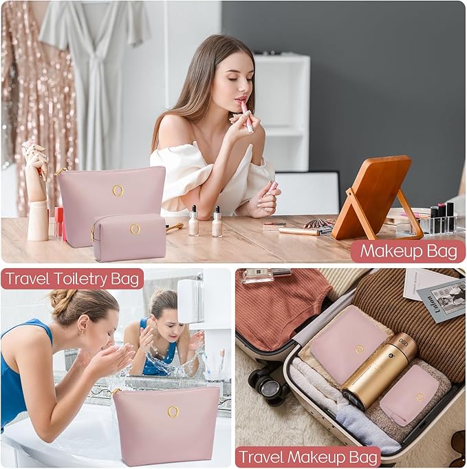 Women Gifts | Initial Makeup Bag Set for Girl Personalized Gifts for Bridesmaid Friend Graduation Teachers PU Leather Cosmetic Travel Toiletry Bag(Pink,O)