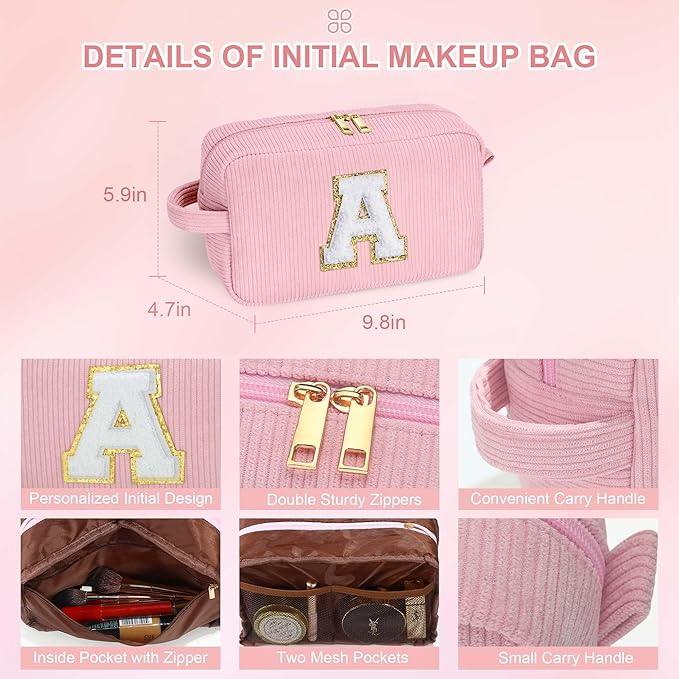 YOOLIFE Girls Makeup Bag - Teen Girl Gifts Cute Small Make Up Bag Cosmetic Bag Skincare Bag Friend Birthday Gifts for Girls Women Sister Daughter Girlfriend Personalized Gifts for Women Her Letter C
