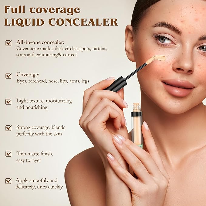 Full Coverage Liquid Concealer, Foundation Makeup for Older Women, Covers Blemishes & Under-Eye Circles, Spots, Matte Finish, Hydrating Primer for Correct, 0.06floz, Vegan & Cruelty-Free 09Cappuccino