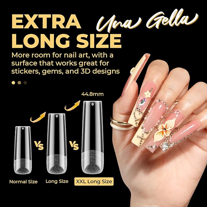 UNA GELLA Extra Long Tapered Sqaure Nail Tips, No C Curve Pre-file 120Pcs Square Press on Nails XXL Long Square Gel Nail Tips Full Cover Acrylic Straight for Nails Extension Art DIY Salon 12 Sizes