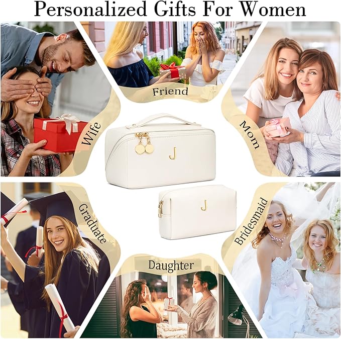 Birthday Gifts for Women Teen Girl, Personalized Initial Makeup Organizer Bag Set, Open Flat Travel Cosmetic Bag With Clear Divider and Handle(Beige,J)