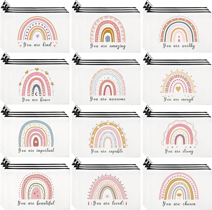 Hillban 36 Pcs Rainbow Cosmetic Bags for Women Inspirational Cute Canvas Makeup Bags Bulk Motivational Travel Cosmetic Pouch Beautiful Gifts for Teacher, 12 Styles