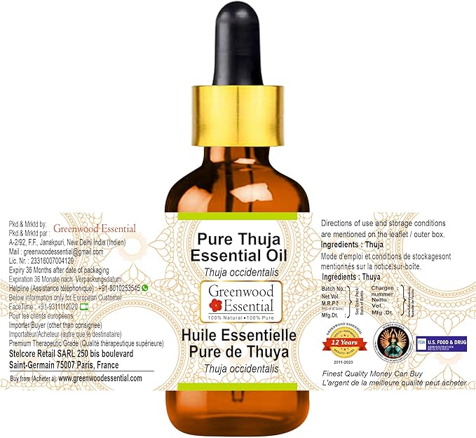 Greenwood Essential Thuja Essential Oil (Thuja occidentalis) with Glass Dropper | Pure | Non-Sticky | Non-Greasy | Lightweight | Men & Women | All Skin Types | Steam Distilled 15ml (0.50 oz)
