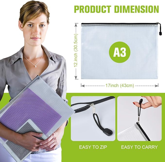12PCS Mesh Zipper Pouch, Waterproof Tear-Resistant Document File Folders, A3 Size Zipper Documents Pouch Document Organizer Bags for School Office Home Travel Storage(17×12Inch)