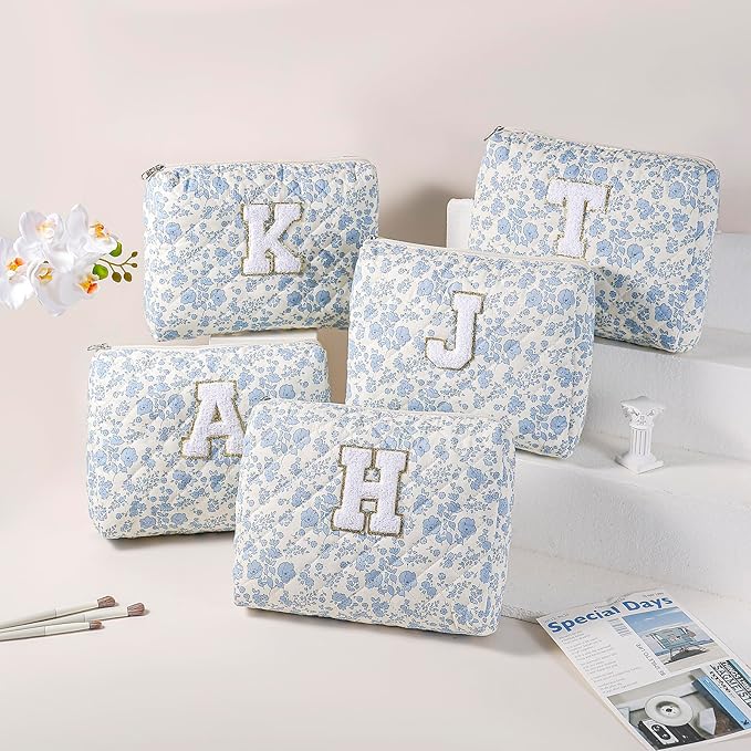 Alphabet Makeup Bag Cosmetic Bag for Women, Christmas Gifts for Age 11-18, Personalized Floral Coquette Travel Bag, Trendy Stuff Zipper Make Up Pouch Organizer Bag (Blue Floral H)