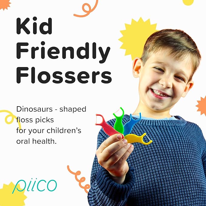 Piico No Flavor Kids Floss - No Fluoride Dual Line Dental Floss Picks - Fun Oral Care in Colorful Floss Sticks Design - Kids Flossers Prevent Tooth Decay & Gum Disease - 150 Homebox Dino & Travel Case