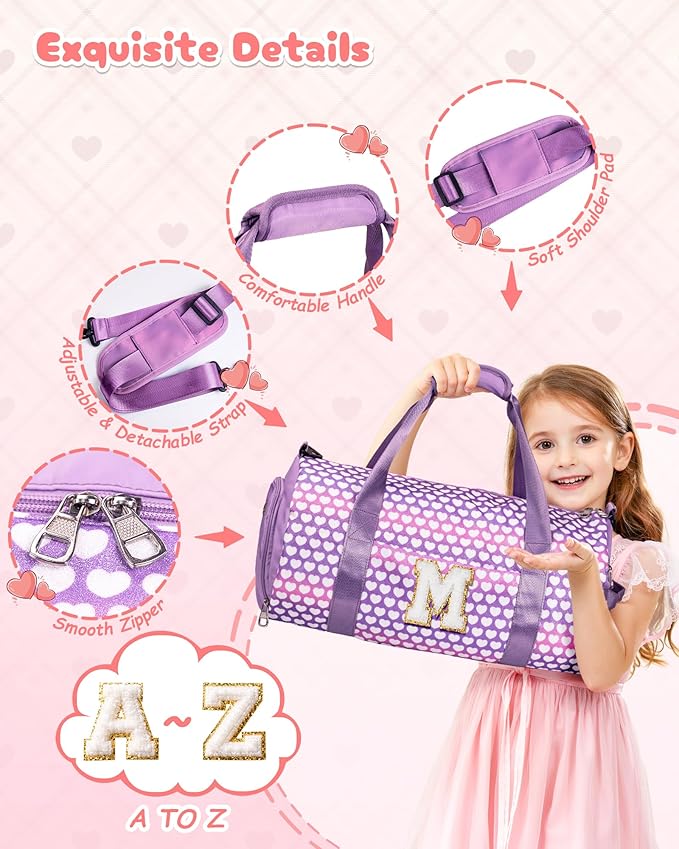 Gifts for 10 Year Old Kid, Girls Travel Duffel Bag, Kids Initial Overnight Bags with Shoe Compartment, Personalized Gym Ballet Dance Bag with Makeup Pouch, Birthday Gift Ideas (Letter M)