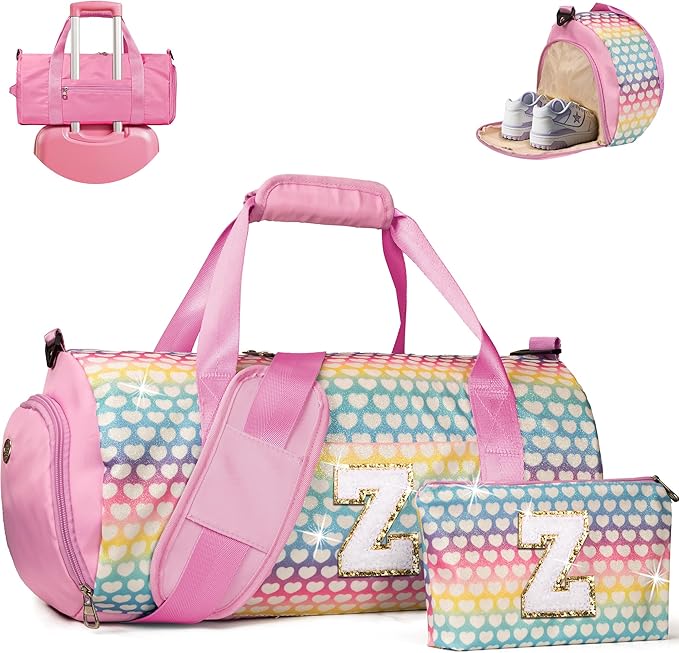 Stocking Stuffers for Toddler, Girls Travel Duffel Bag, Kids Initial Overnight Bags with Shoe Compartment, Personalized Weekender Bag with Makeup Pouch, Gifts for Grandkids (Letter Z)