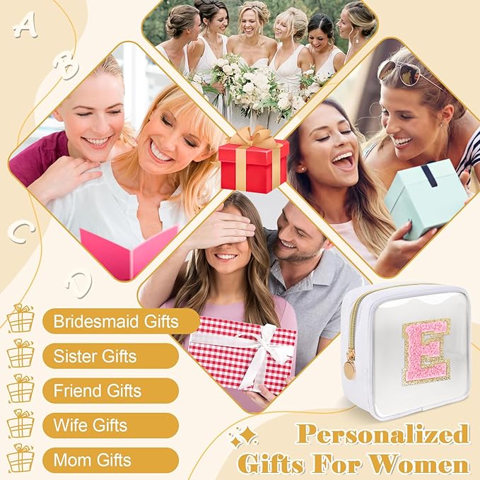 Personalized Initial Letter Clear Preppy Makeup Bag,Mini Nylon Chenille Letter Cosmetic Bag Cute Zipper Pouch Purse for Teen Girls,Portable TSA Approved Beach Travel Essentials Bag Gift for Women,E