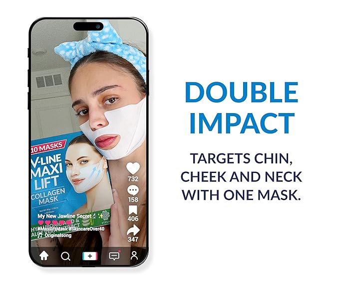 Stylia MaxiLift V-Line Lifting Collagen Face Mask - Advanced Double Chin Reducer - Jawline Shaper - Neck Firming and Tightening Mask with Hyaluronic Acid & Aloe Vera - Chin Strap for Sleeping (10PC)