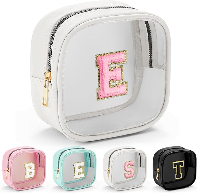 YOOLIFE Initial Make Up Bag Travel Toiletry Bag, Clear Makeup Bag Preppy Cosmetic Bags Organizer Travel Essentials Gifts for Women Teen Girlfriend Teacher Mom Birthday Mothers Day Gifts White E