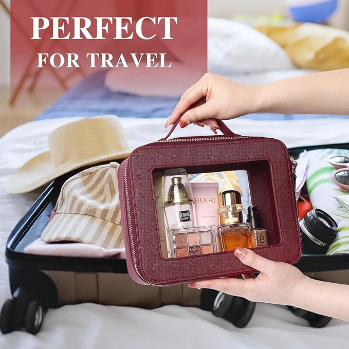 Pinkmik Clear Makeup Bag with Brush Bag 3pcs Waterproof Travel Case for Cosmetics and Toiletries Women's Makeup Organizer with Zipper (X/Burgundy, L+M+SLIM)