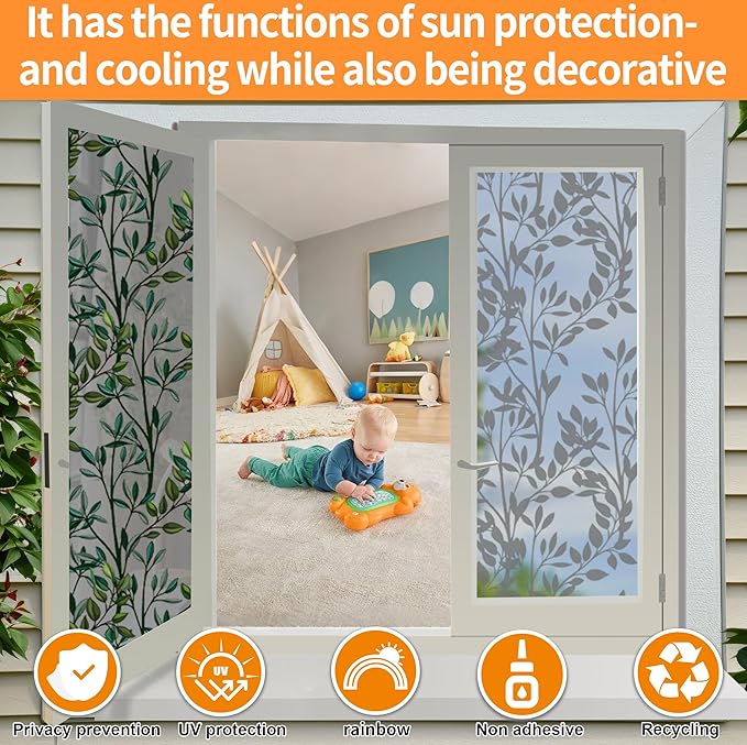 One Way Privacy Film, Window Tint for Home,Daytime Reflective, Anti UV Static Cling Sliding Door Coverings No Glue Garage Solar Paper (Black - Silver-Leaves, 23.6 x 157.4 in)