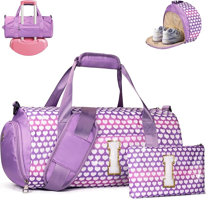 Birthday Gifts for Preteen, Girls Travel Duffel Bag, Kids Initial Overnight Bags with Shoe Compartment, Personalized Gym Ballet Dance Bag with Makeup Pouch, Sweet 16 Gift for Girl (Letter I)