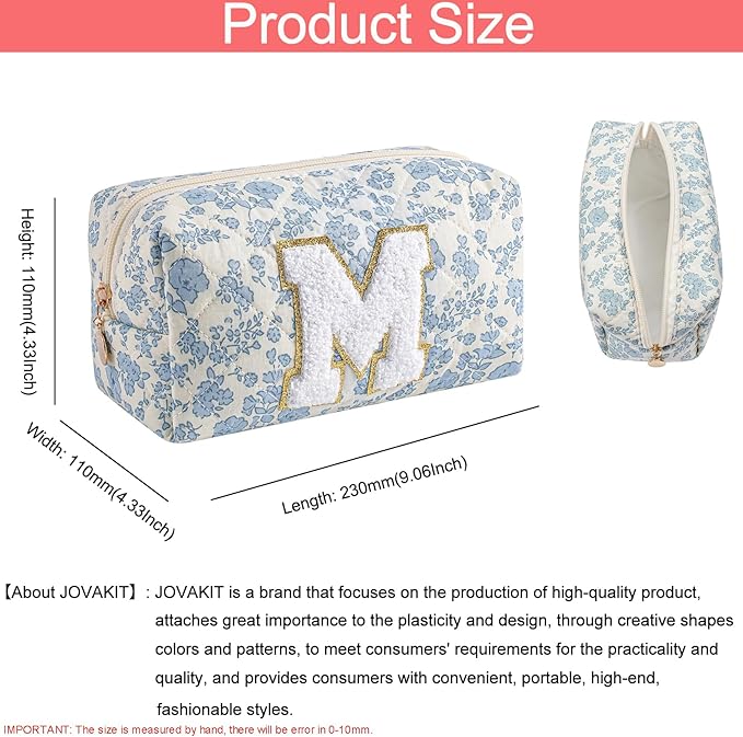 JOVAKIT Alphabet Makeup Bag Cosmetic Bag for Women, Christmas Gifts for Girls Age 6-18, Floral Flowers Coquette Travel Toiletry Zipper Make Up Pouch Organizer Trendy Stuff (Blue Floral M)