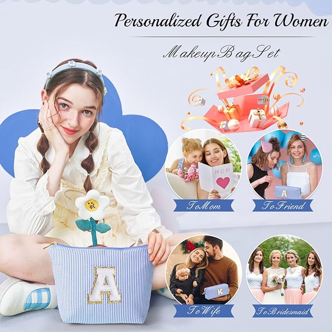 YOOLIFE Preppy Makeup Bag Travel Makeup Bag - Initial Cosmetic Bag Cute Makeup Bag Travel Essentials Small Makeup Bag with Zipper Makeup Bag Organizer Personalized Gifts for Her Preppy Stuff Letter P
