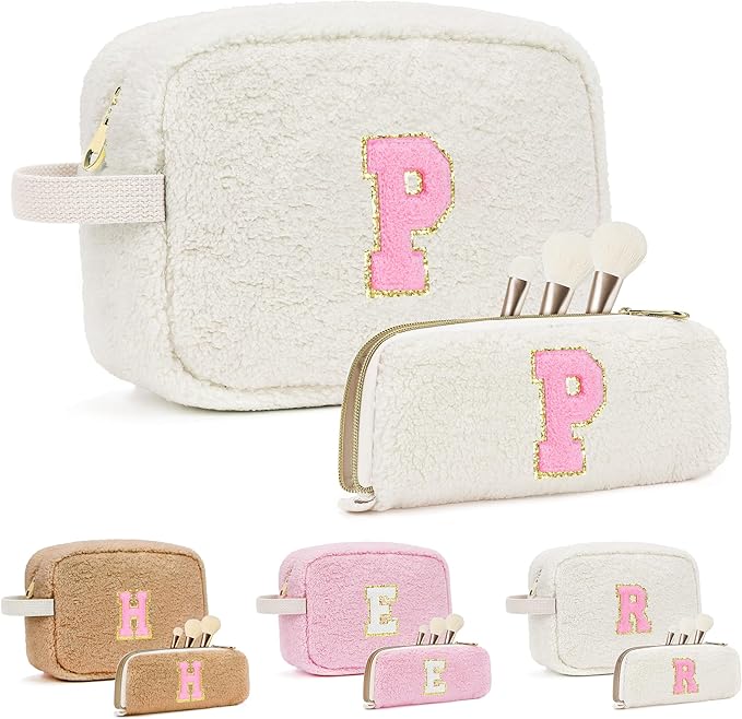 for Christmas Day Gifts, Travel Makeup Bag for Women, Initial Make Up Bag Set for 6 7 8 9 10 11 12 13 Years Old Kids Tween Girls, Large Cosmetic Skincare Bags for Birthday Gifts, White P