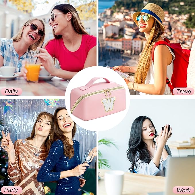 for Christmas Day Gifts, Makeup Bag for Women, PU Leather Travel Toiletry Bags, Initial Make Up Cosmetic Pouch for Teen Girls, Wide Open Portable Skincare Bag, Personalized Birthday Gifts, Pink E