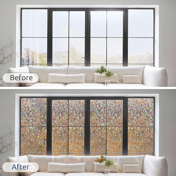 rabbitgoo Window Privacy Film Rainbow Film Decorative Window Sticker, 3D Static Stained Glass Cling Tint for Home Heat Control Non-Adhesive, Brown, 23.6 x 157.4 inches
