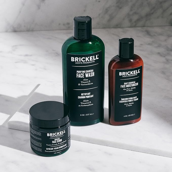 Brickell Men's Daily Advanced Face Care Routine II, Activated Charcoal Facial Cleanser, Facial Scrub, Face Moisturizer Lotion, Natural and Organic, Scented