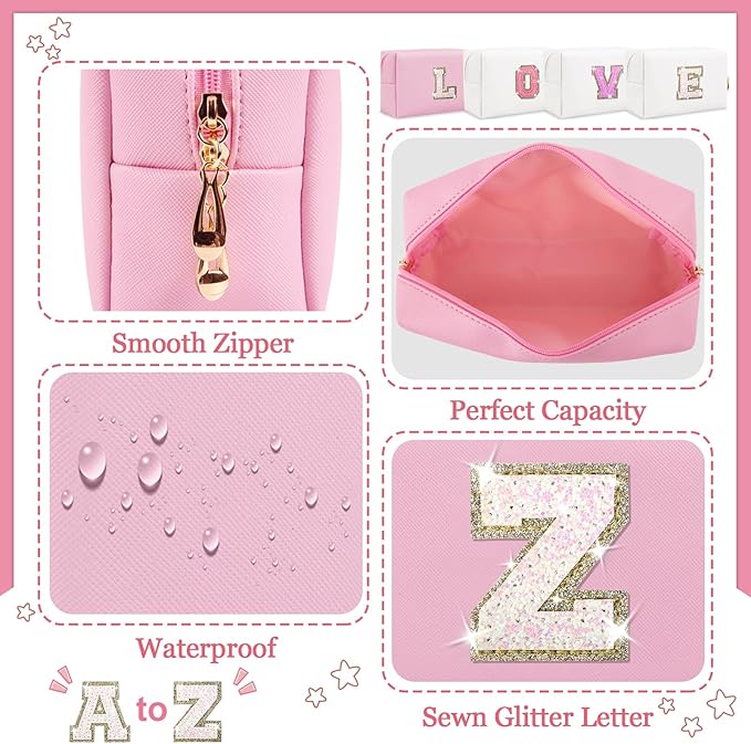 Initial Letter Patch Makeup Bag, Preppy Glitter Pouch Cosmetic Bag, Small PU Travel Toiletry Bag Zipper, Personalized Monogrammed Gift for Friends, Sisters & Teens (Letter Z)
