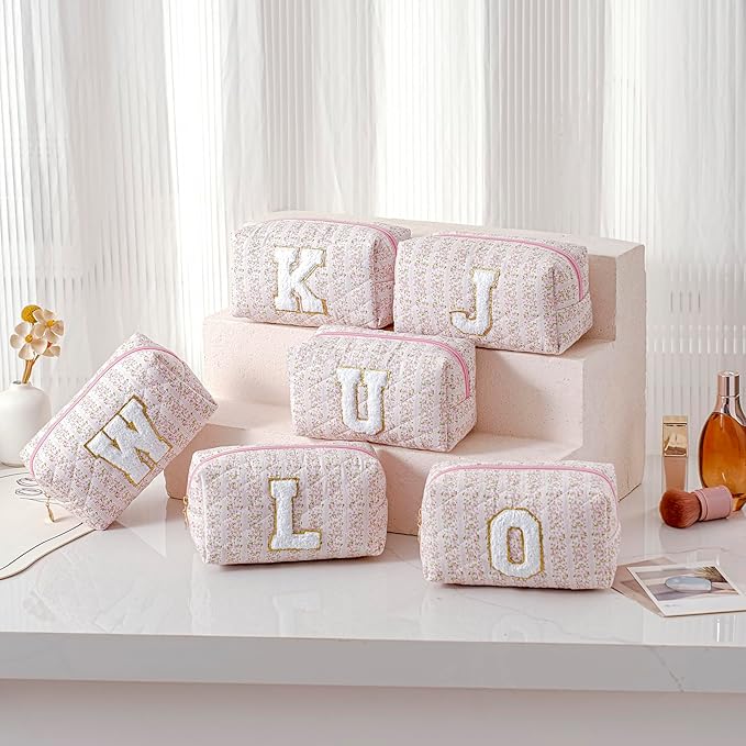 JOVAKIT Makeup Bag Cosmetic Bags for Women, Christmas Gifts for Girls Age 6-18, Alphabet Pink Floral Coquette Zipper Travel Makeup Pouch, Organizer Case Trendy Stuff (Pink Floral K)