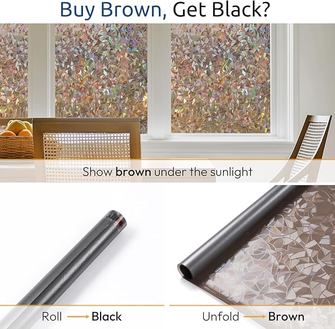 rabbitgoo Window Privacy Film Rainbow Film Decorative Window Sticker, 3D Static Stained Glass Cling Tint for Home Heat Control Non-Adhesive, Brown, 35.4 x 157.4 inches