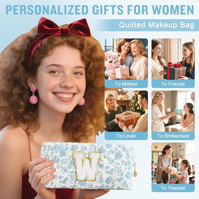 Personalized Quilted Cosmetic Bag, Puffy Monogrammed Christmas Birthday Gifts for Women & Girls, Cute initial Floral Makeup Bag Puffer Coquette Bag, Aesthetic Travel Toiletry Zipper Pouch(Blue,W)