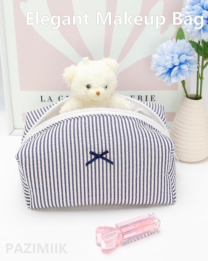 PAZIMIIK 2PCS Cozy Makeup Bag Small Aesthetic Travel Zipper Cosmetic Pouch for Women Make Up Beauty Accessories Brushes, Stripe Navy Blue