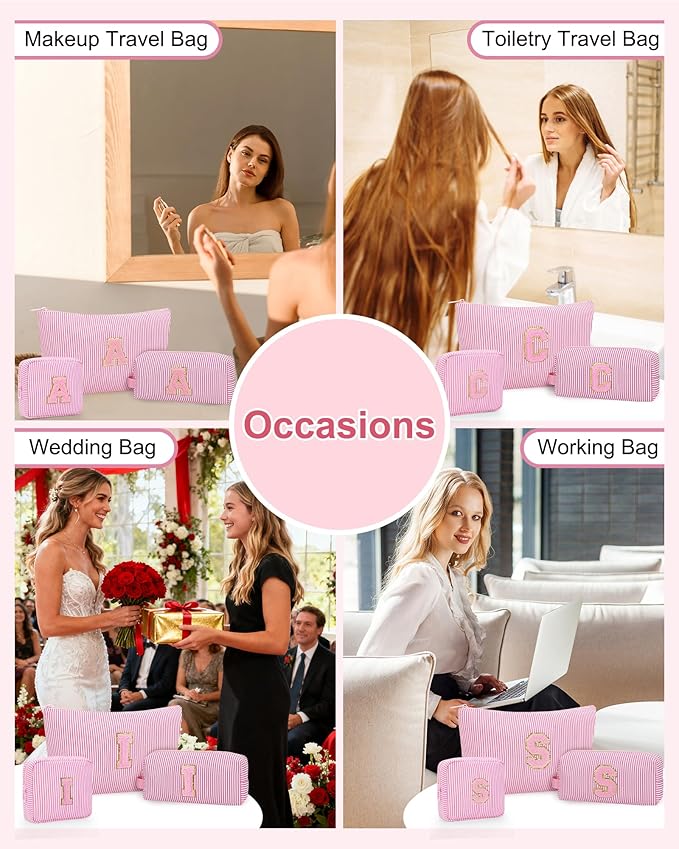 MONSTINA Initial Makeup Bag for Women,Make Up Case for Girlfriend Bridesmaid Wife|Personalized Birthday Gift for Her Cute Toiletry Bag,3PCS,Pink K